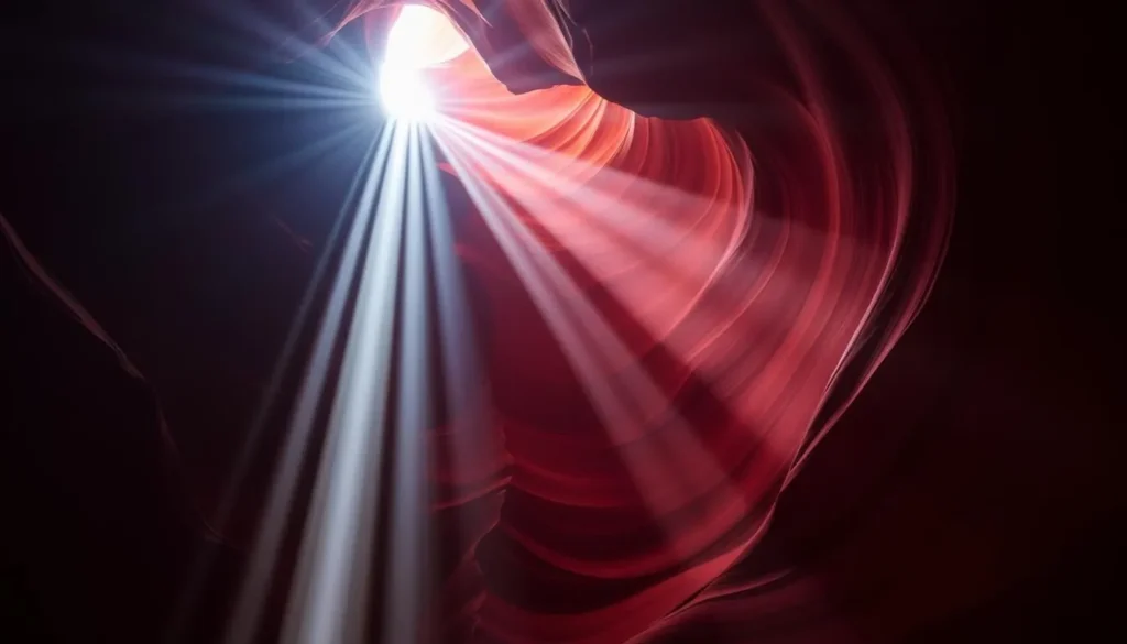An image of Antelope Canyon with sunlight streaming through its narrow openings, illuminating the vibrant colors of the canyon walls.