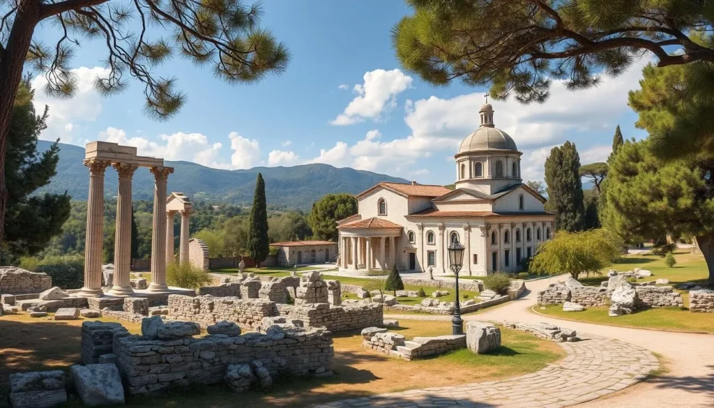 An image of Aristotle Park with ancient ruins and a Byzantine church An image of Aristotle Park with ancient ruins and a Byzantine church