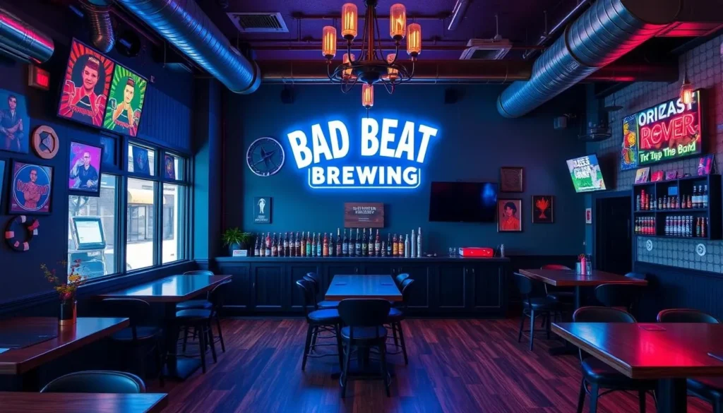 An image of Bad Beat Brewing's taproom, featuring their gaming-themed decor and a selection of their craft beers.