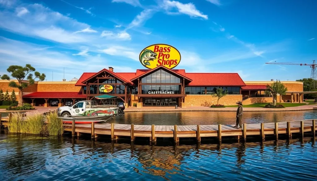 An image of Bass Pro Shops in Garland, Texas, with a lakefront view.