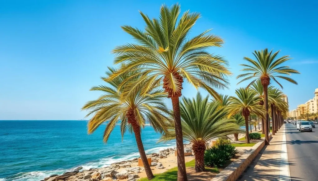 An image of Benghazi's corniche, showcasing its Mediterranean coastline and palm trees.