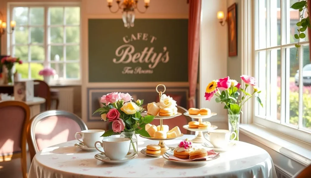 An image of Bettys Cafe Tea Rooms interior with a beautifully set afternoon tea table by the window.