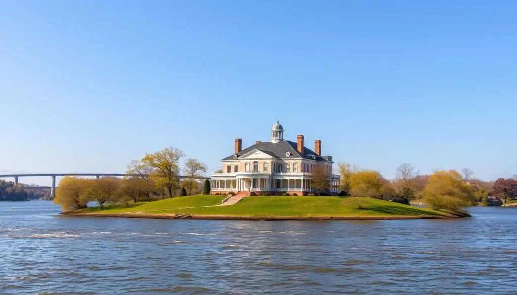 An image of Blennerhassett Island with the historic mansion in the foreground and the Ohio River in the background.