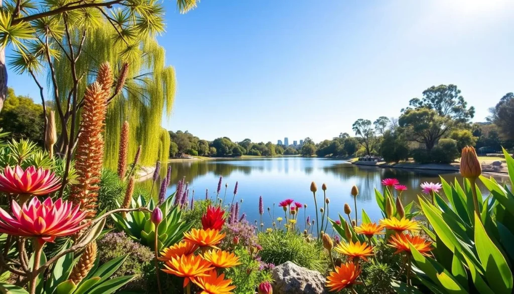 An image of Booderee Botanic Gardens with native Australian plants and a serene lake in the background.