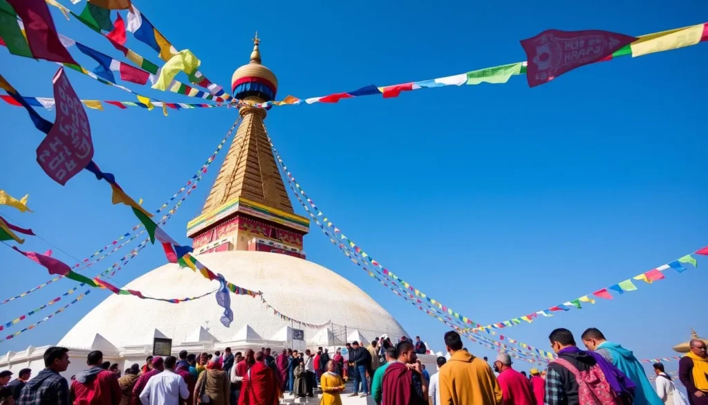 An image of Boudhanath Stupa, with Tibetan pilgrims performing koras.