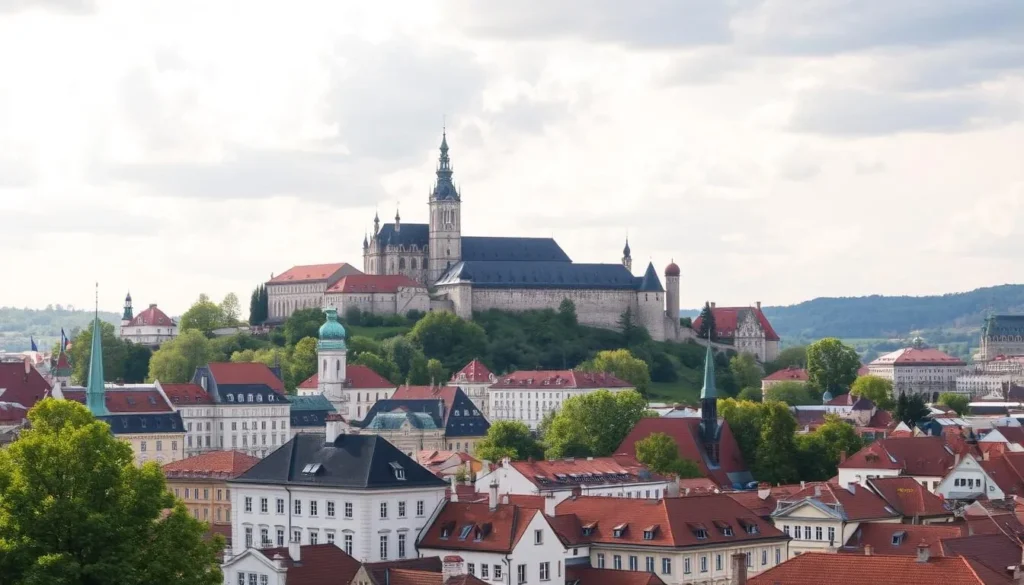 An image of Brno's historic center with Špilberk Castle in the background