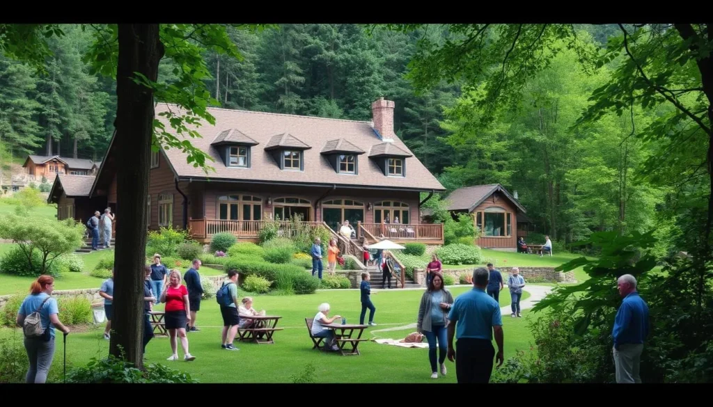 An image of Broadfield's lodge surrounded by nature, with guests enjoying outdoor activities.