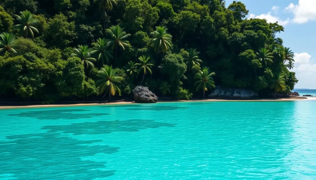 An image of Caladesi Island's pristine beach with clear turquoise waters and a lush green forest in the background.