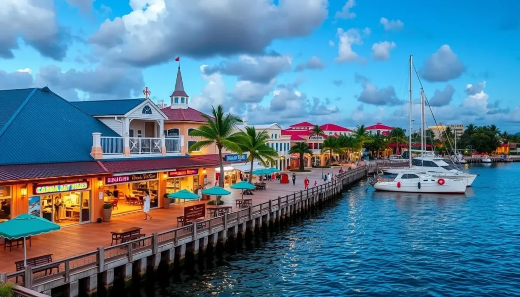 An image of Camana Bay's waterfront with shops and restaurants