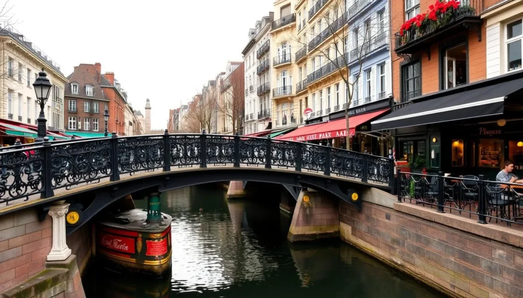 An image of Canal Saint-Martin with its iron footbridges and picturesque locks, surrounded by trendy bars and cafés.