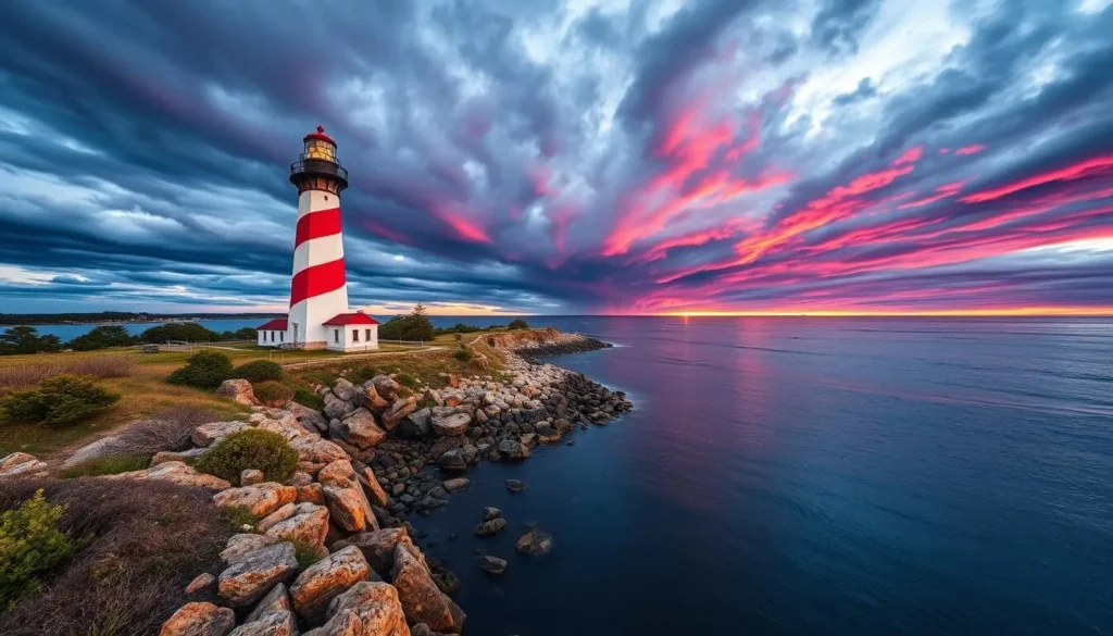 An image of Cape Henry Lighthouse with a scenic view of the Chesapeake Bay
