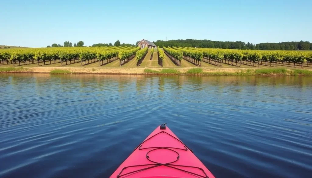 An image of Chatham Vineyards' vineyard with a kayak on the water in the foreground.