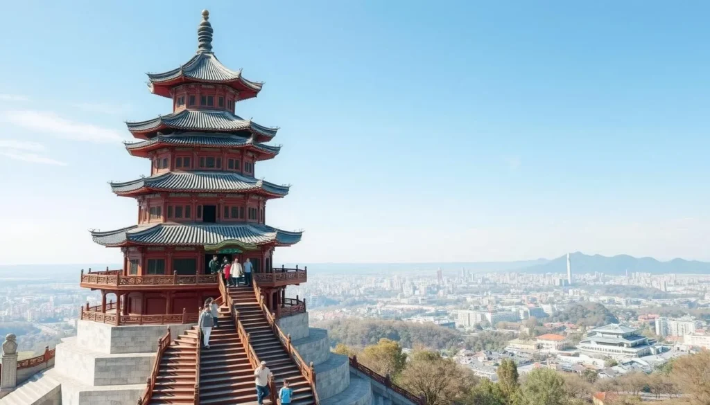 An image of Chengtian Temple Pagoda, with visitors climbing steep wooden stairs to reach the top for panoramic views of Yinchuan city.