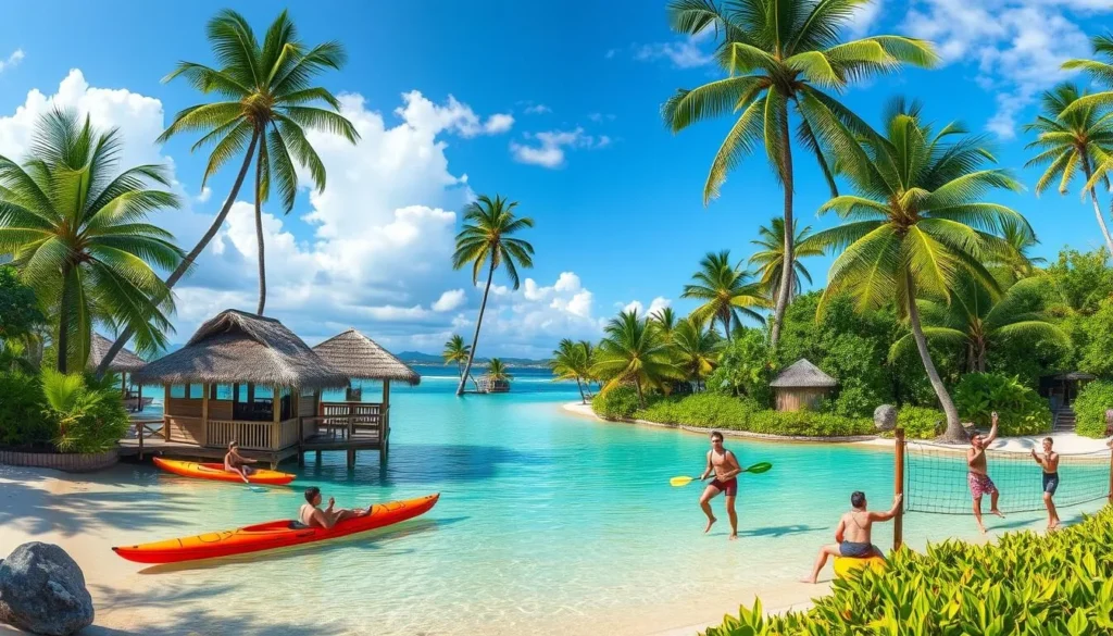 An image of Coco Palm Garden Beach, a private day resort with diverse activities like kayaking, zip lining, and beach volleyball.