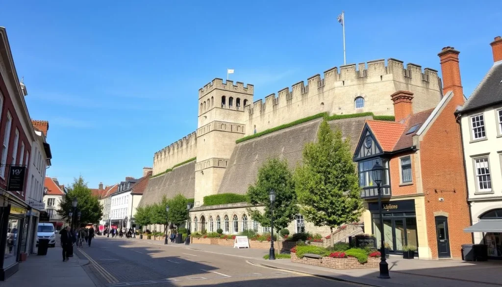 An image of Colchester's historic city center with Roman walls and modern attractions