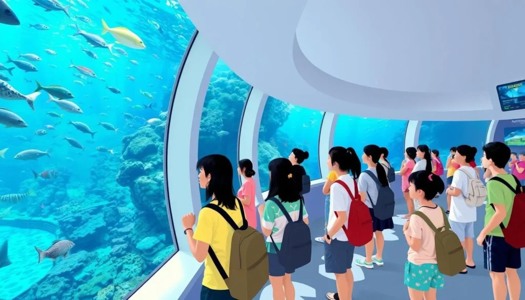 An image of Coral World Ocean Park's Undersea Observatory with visitors observing marine life.