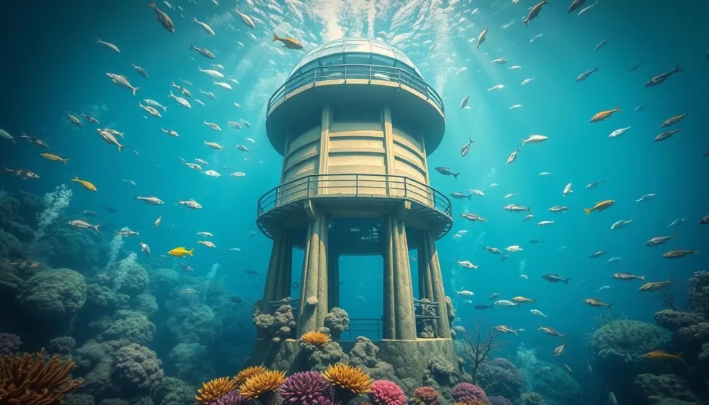 An image of Coral World Ocean Park's underwater observatory tower surrounded by marine life.