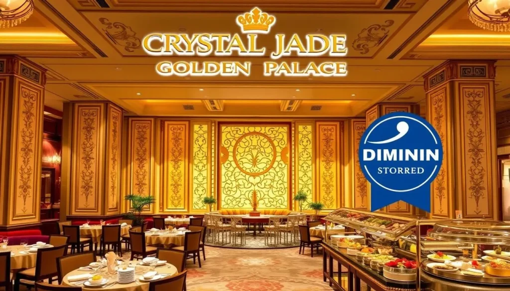 An image of Crystal Jade Golden Palace's luxurious interior, highlighting its Michelin-starred status and diverse dim sum menu.