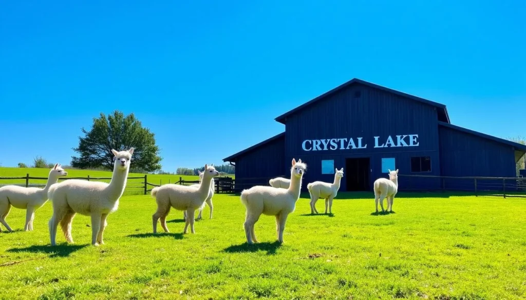 An image of Crystal Lake Alpaca Farm with alpacas grazing in a green pasture.