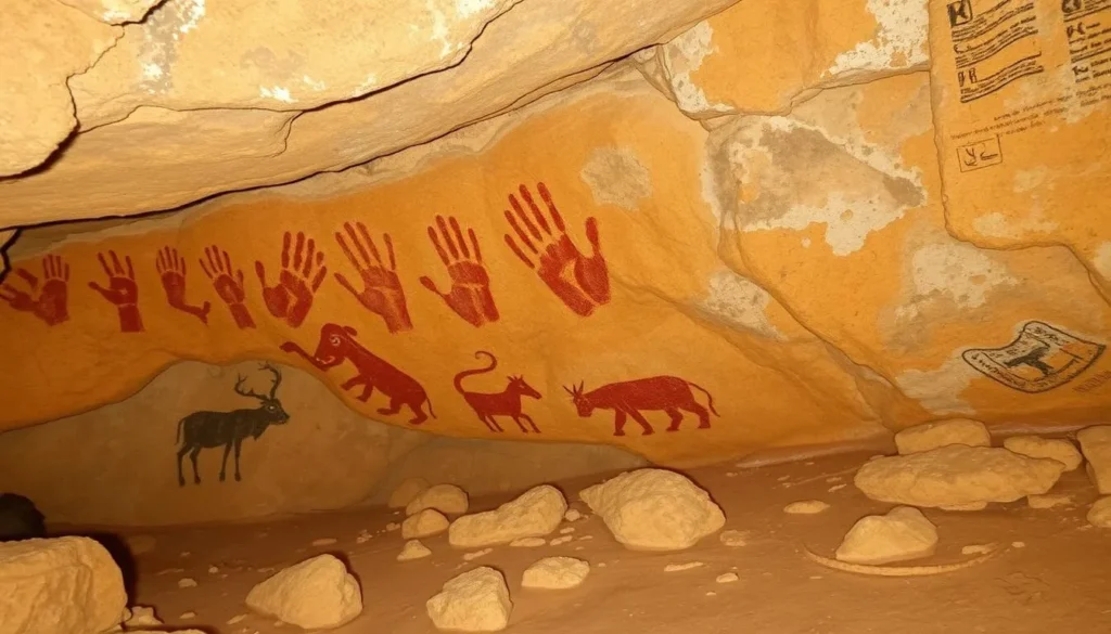 An image of Cueva de Las Manos, a cave with ancient rock art featuring handprints and wildlife scenes.