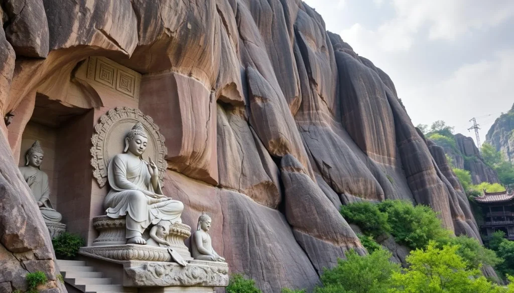 An image of Dazu Rock Carvings, showcasing intricate Buddhist carvings on a cliff face.