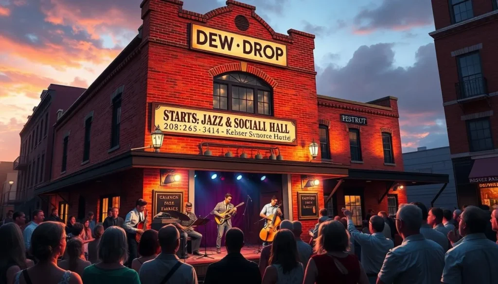 An image of Dew Drop Jazz & Social Hall's historic building with jazz performers on stage