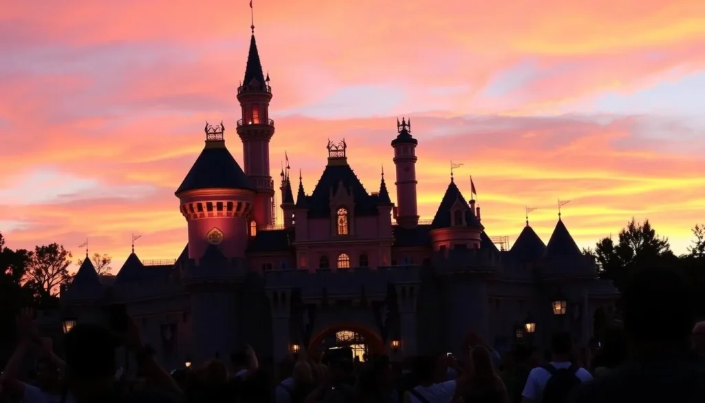 An image of Disneyland's iconic Sleeping Beauty Castle at sunset.