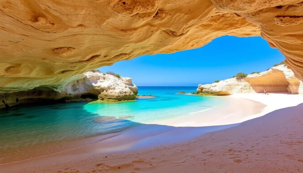 An image of Doctor's Cave Beach with pristine white sand and crystal-clear turquoise waters.