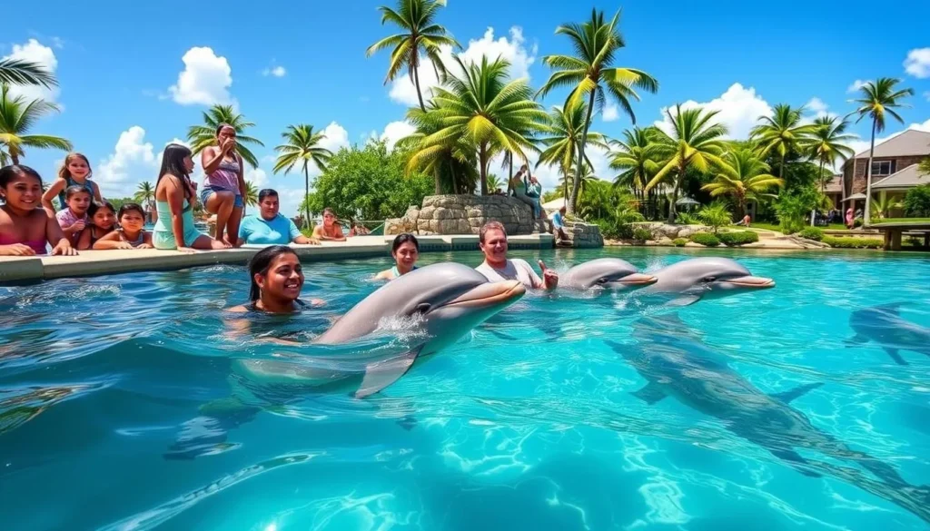 An image of Dolphin Cove Ocho Rios, where visitors are swimming with dolphins.