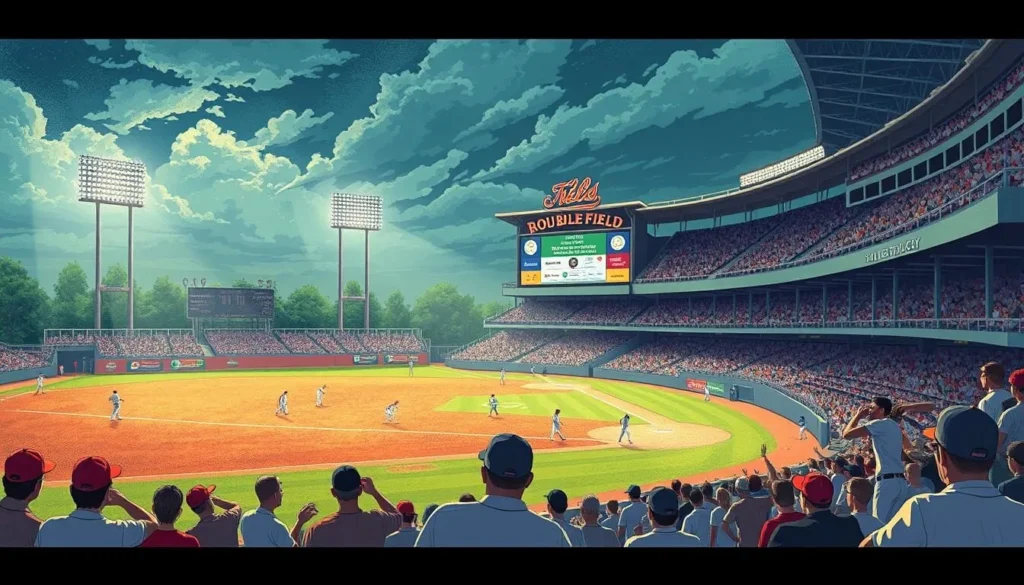 An image of Doubleday Field during a baseball game with a historic atmosphere.