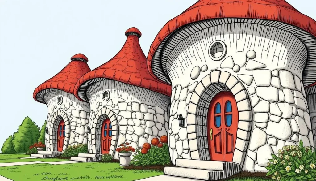 An image of Earl Young's quirky Mushroom Houses in Charlevoix, Michigan, featuring undulating rooflines and stone walls.