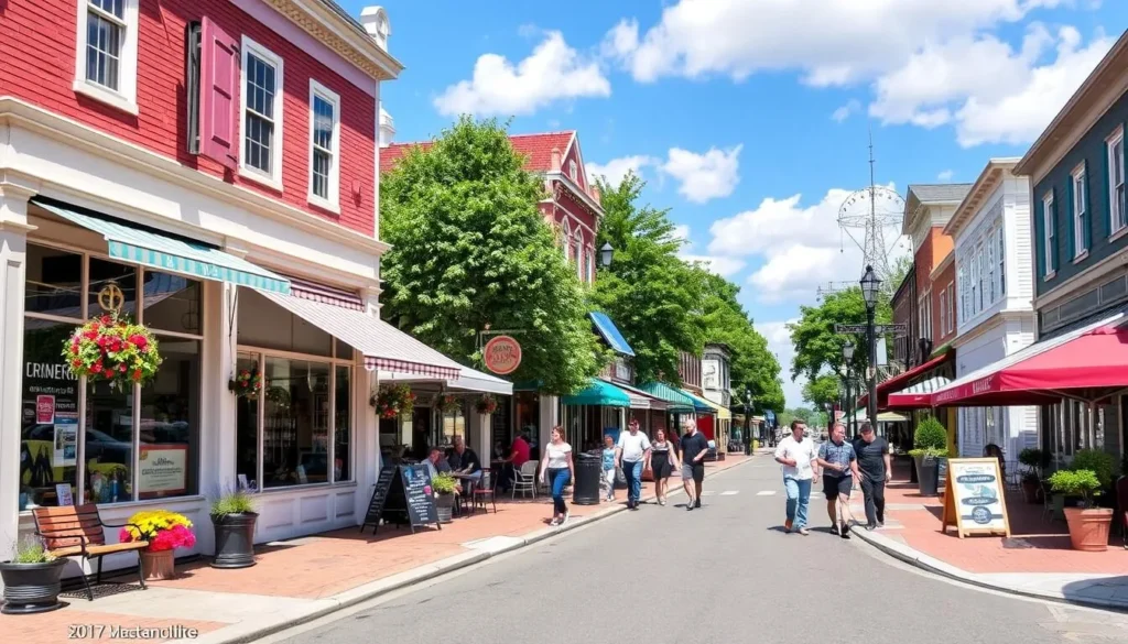 An image of East Greenwich's Main Street with shops and cafes