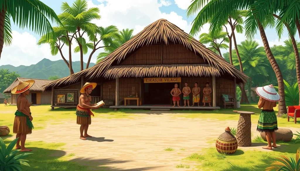An image of Ekasup Cultural Village, showcasing traditional Vanuatu practices and local guides sharing knowledge with visitors.