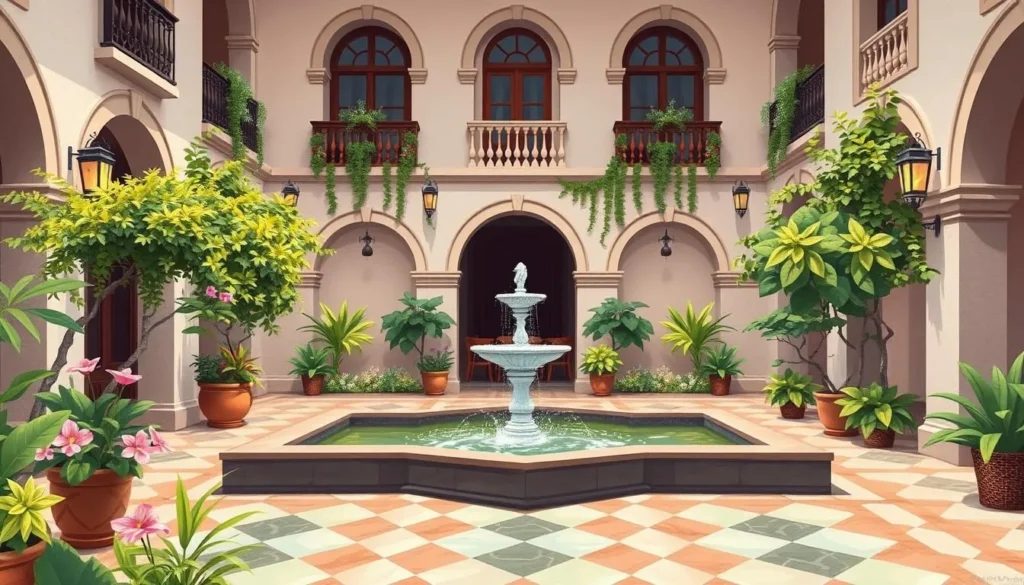 An image of El Convento's courtyard with its lush greenery and fountains. An image of El Convento's courtyard with its lush greenery and fountains.