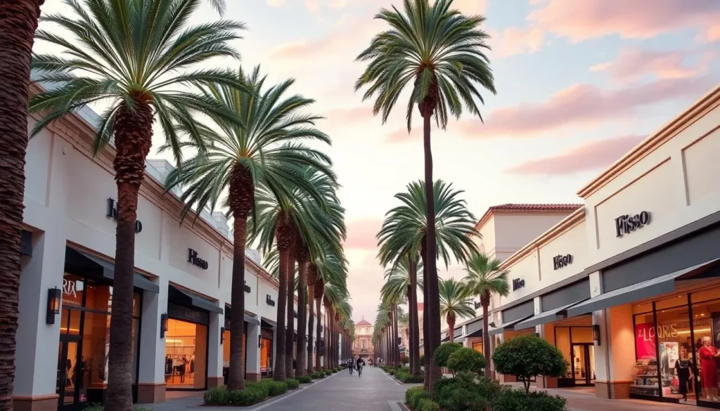 An image of El Paseo Shopping District with its palm-lined boulevard and upscale stores.
