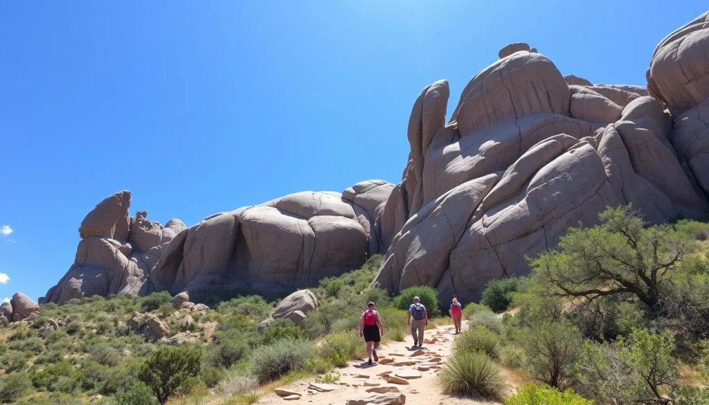 An image of Enchanted Rock with hikers on its trails