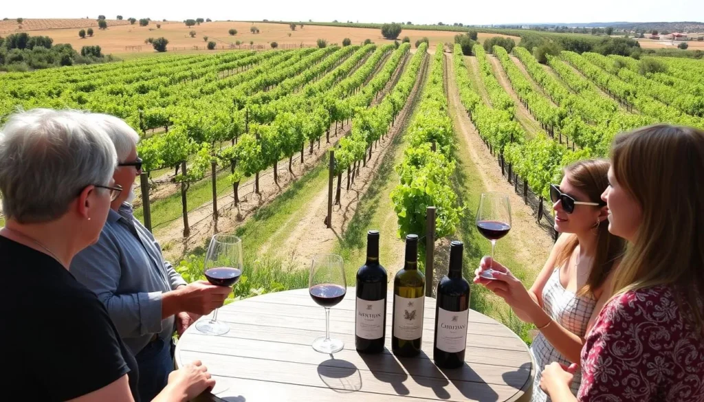 An image of English Newsom Cellars at Caprock Winery's vineyard with a tour group tasting wine.