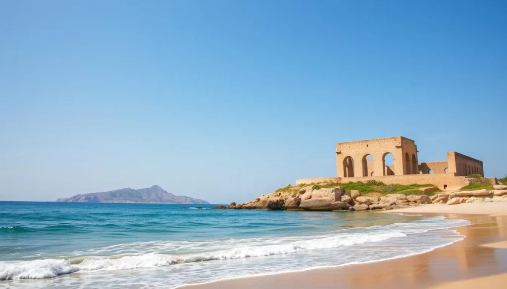 An image of Failaka Island with ancient ruins and a beach