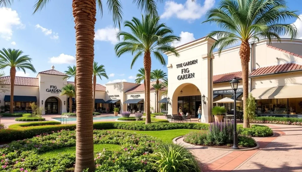 An image of Fig Garden Village's beautifully landscaped gardens and upscale stores.