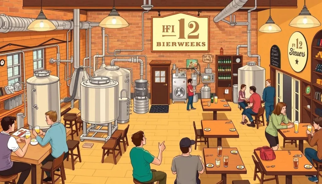 An image of Flat 12 Bierwerks' brewery and tasting area. An image of Flat 12 Bierwerks' brewery and tasting area.
