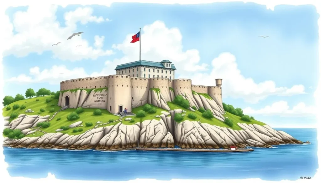 An image of Fort Mackinac perched on a limestone bluff overlooking the harbor.