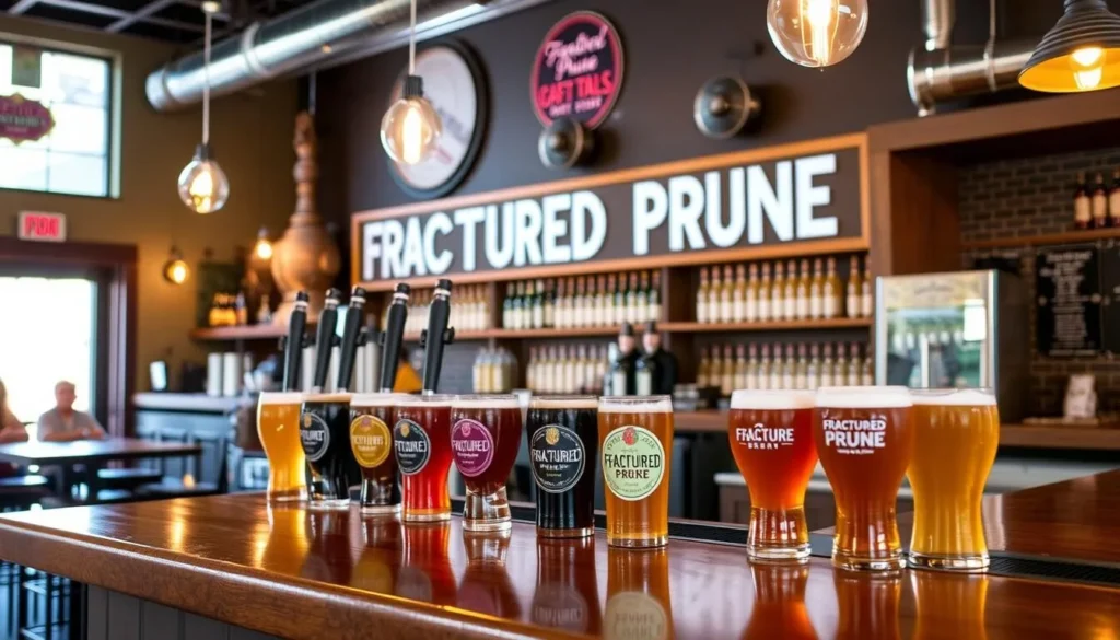An image of Fractured Prune's tasting room with a selection of their craft beers. An image of Fractured Prune's tasting room with a selection of their craft beers.