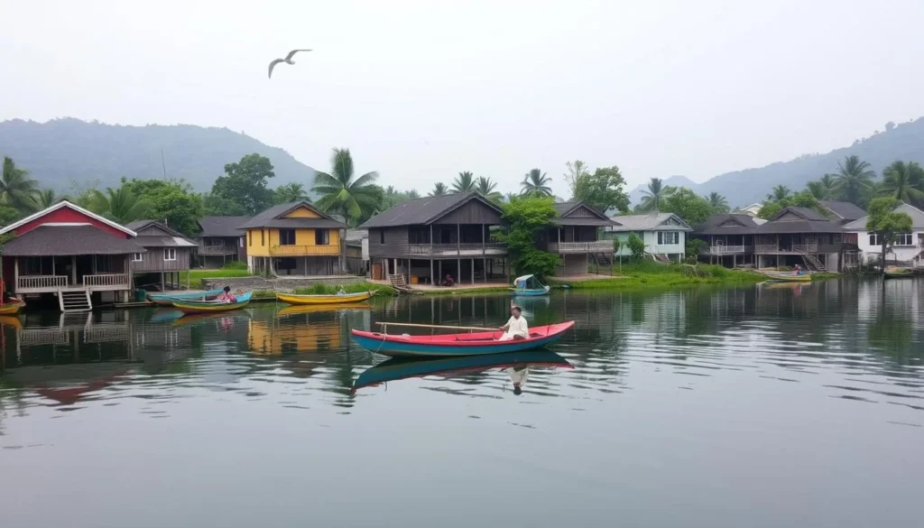 An image of Ganvie Lake Village with stilt houses and boats