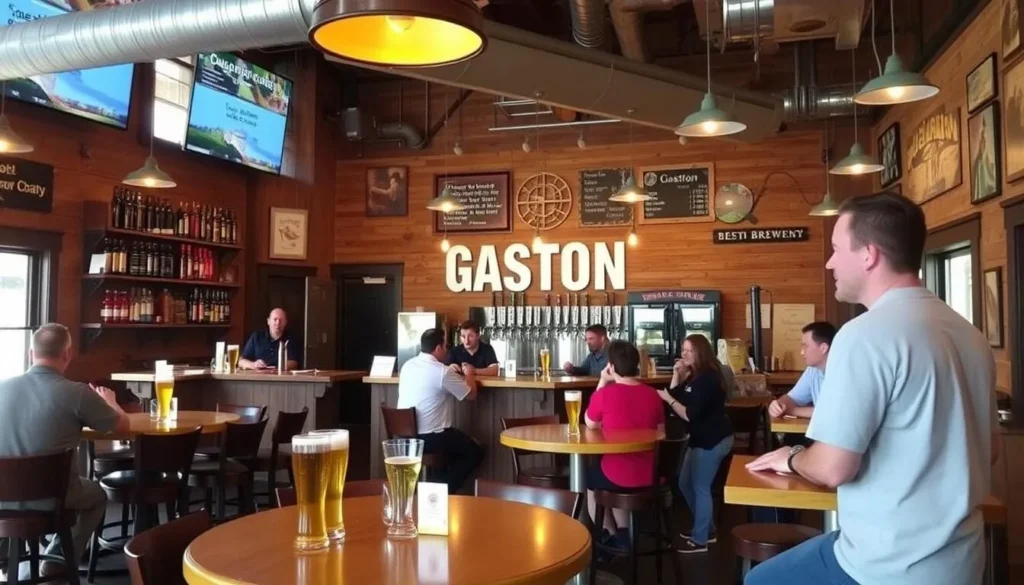 An image of Gaston Brewing Company's taproom, showcasing their craft beers and family-friendly atmosphere.