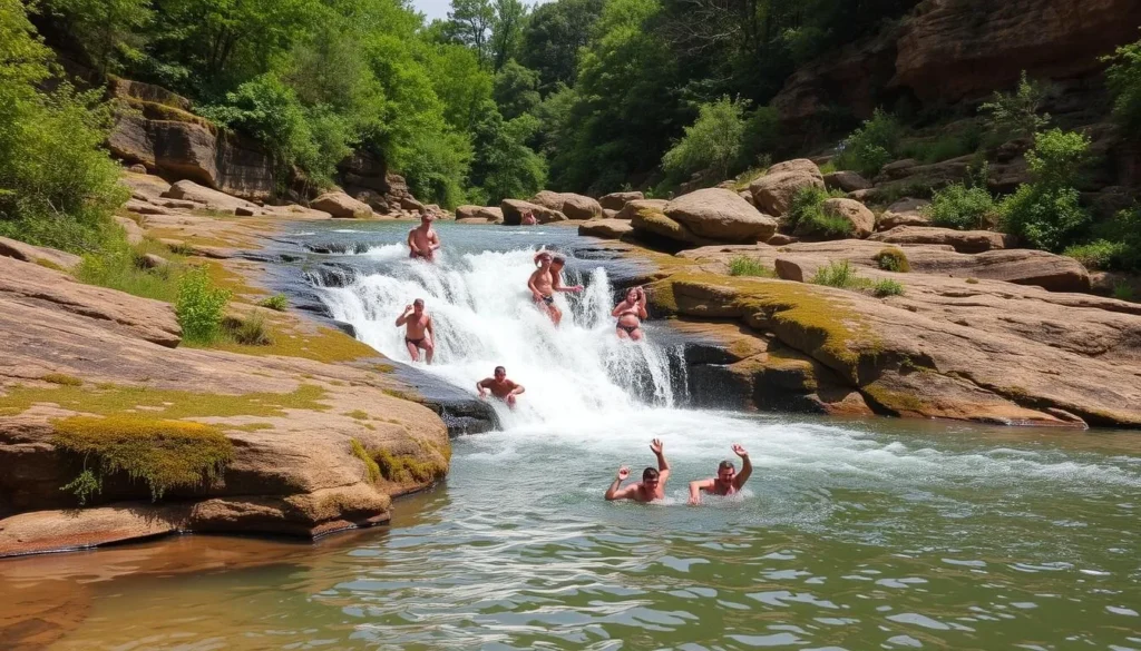 An image of Grand Falls in Joplin, Missouri, with people swimming and enjoying the surrounding natural beauty.