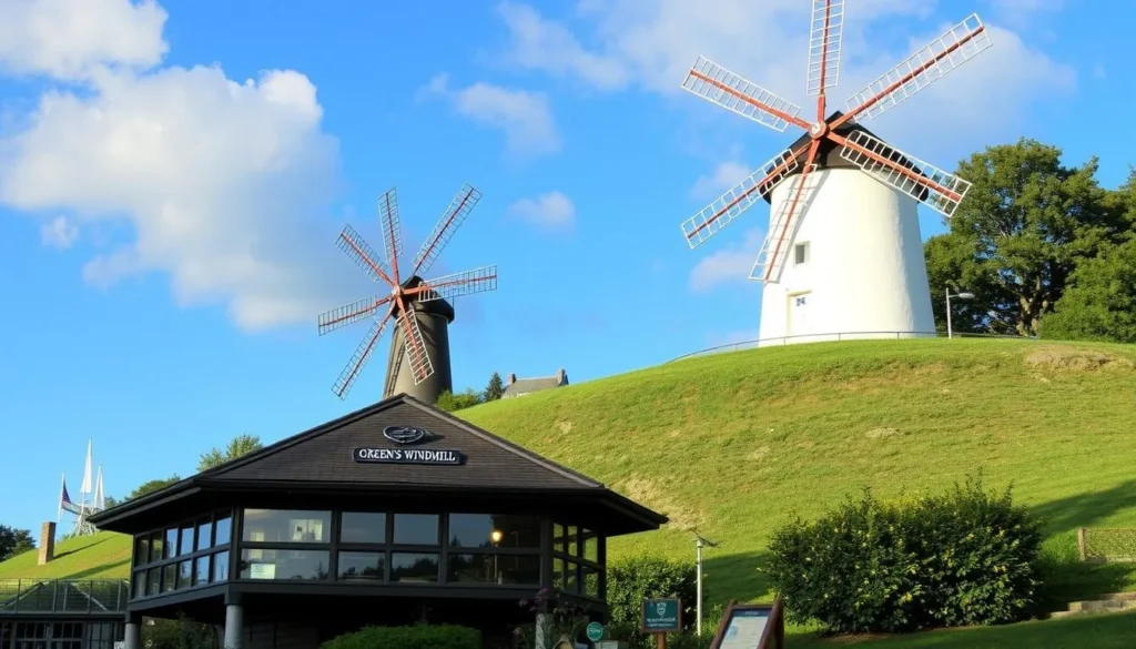 An image of Green's Windmill, a restored working mill on a hill with a science centre.