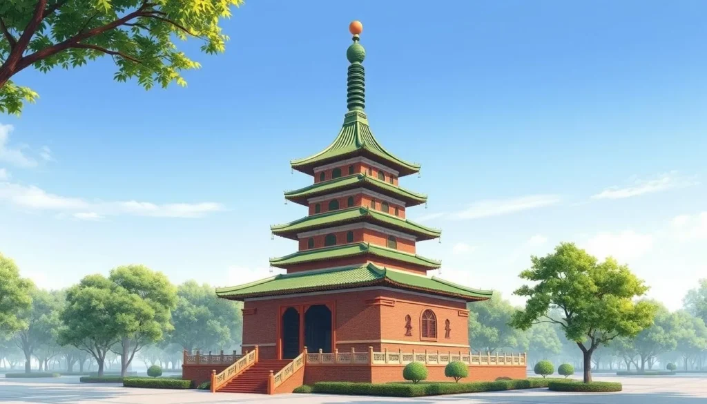 An image of Haibao Pagoda, a square-shaped 9-storey brick pagoda with a peach-shaped green glazed spire, set against a serene park background.