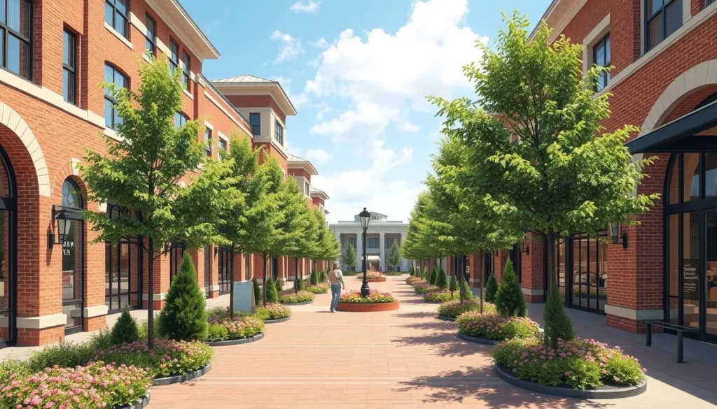An image of Hamilton Town Center's outdoor mall with brick and stone facades, trees, and flowerbeds.