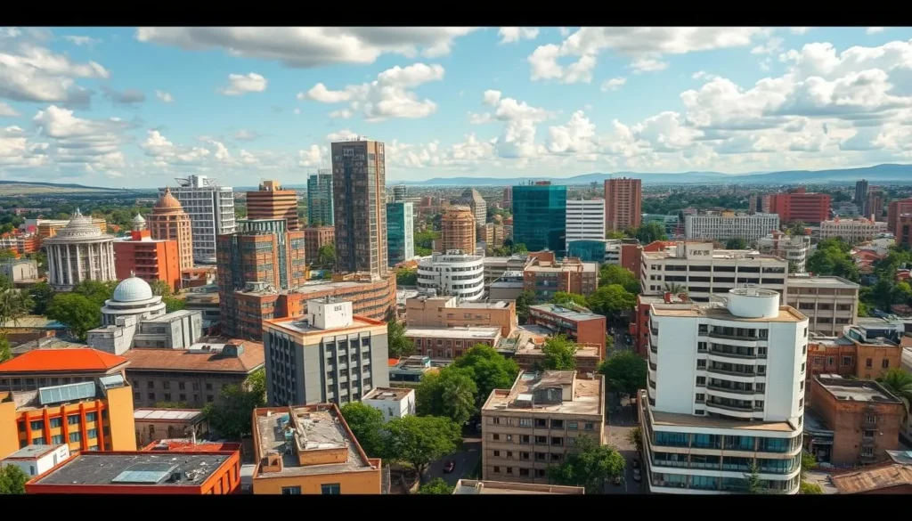 An image of Harare cityscape with a mix of modern and traditional architecture