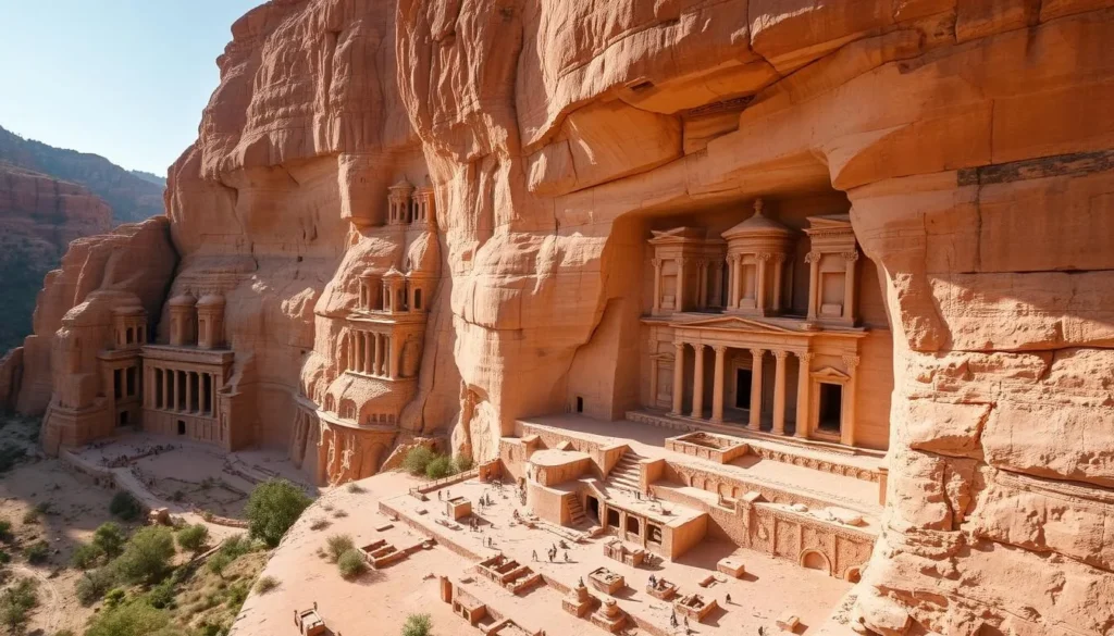 An image of Hegra's sandstone cliffs with tombs carved into them